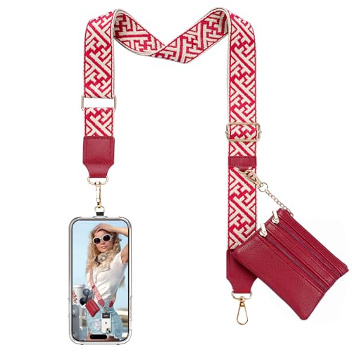 TiMOVO Clip and Go Phone Strap Crossbody with Leather Wallet, Adjustable Anti-Theft Lanyard with Pouch for Most Phone Case - color: F Stripe Red