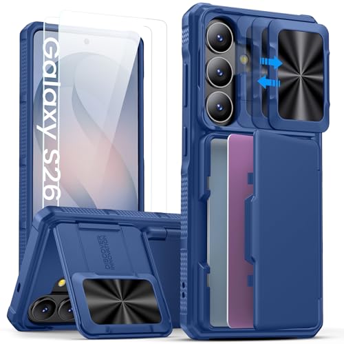 SSLOTSCASE for Samsung Galaxy S26 Case with 2X 9H Glass Screen Protector & Card Holder & Kickstand & Sliding Camera Lens Cover, Rugged Durable Shockproof Phone Case for Galaxy S26 6.3" 2026, Blue - color: Blue-SP, size: S26