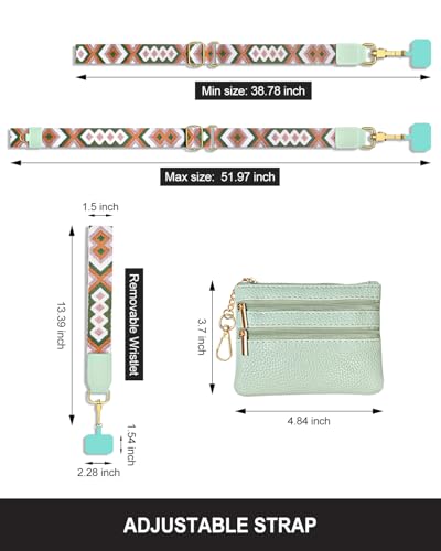Nipichsha Crossbody Phone Strap with Wallet, Clip and Go Strap for Phone - color: Green Geometry