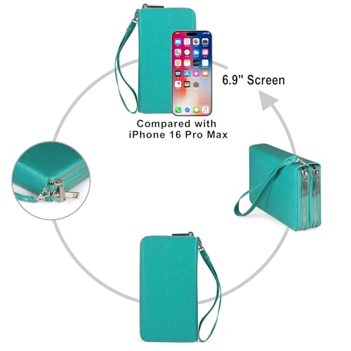 RFID Blocking Cellphone Wristlet Wallet for Women Dual Zipper Large Capacity 17 Card Holder Ladies Phone Clutch Travel Purse with Removable Strap, Turquoise - color: Turquoise