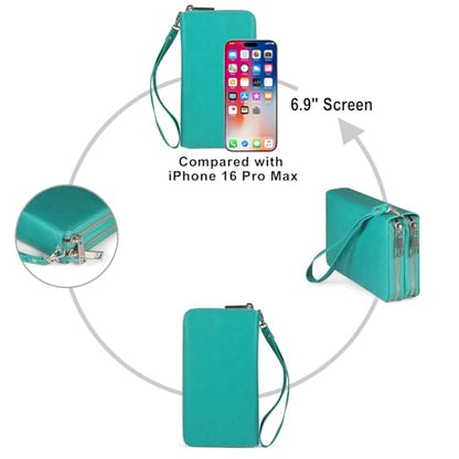 RFID Blocking Cellphone Wristlet Wallet for Women Dual Zipper Large Capacity 17 Card Holder Ladies Phone Clutch Travel Purse with Removable Strap, Turquoise - color: Turquoise