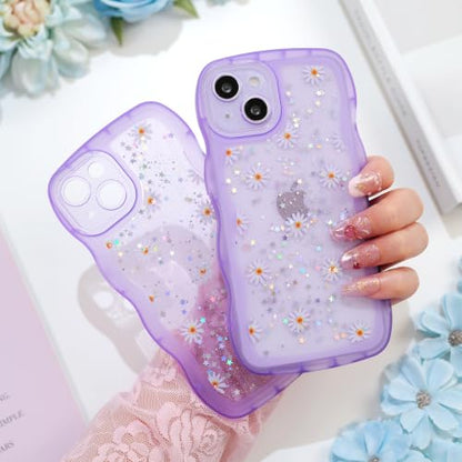 Glitter case for iPhone 13/14 Flowers Purple | Bling Sparkle Glitter，Flowers，Full Protection Soft TPU，Kawaii Cute Phone Case for Women Girls - color: Flowers Purple