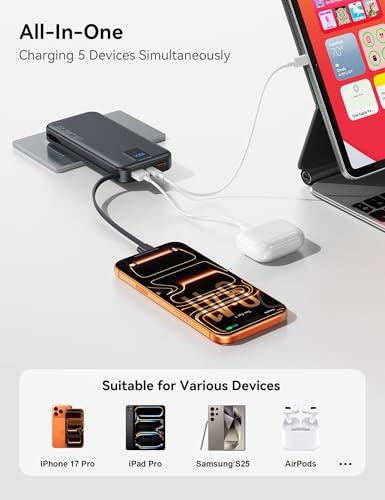 Portable Charger 12000mAh 22.5W w/Built-in Cable & Wall Plug Black - color: Black