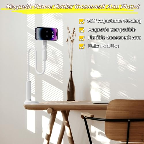 LA-5 90cm/35 Inch Magnetic Phone Holder Gooseneck Arm Mount for Bed & Desk, 360° Rotating Overhead Stand Compatible with iPhone 17/16/15/14 Pro Max, Great for Streaming & Zoom (White)