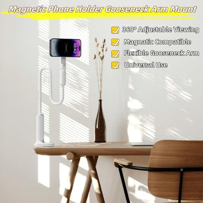 LA-5 90cm/35 Inch Magnetic Phone Holder Gooseneck Arm Mount for Bed & Desk, 360° Rotating Overhead Stand Compatible with iPhone 17/16/15/14 Pro Max, Great for Streaming & Zoom (White)