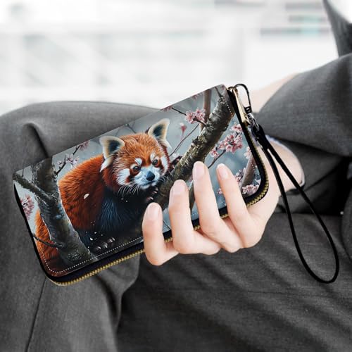 Ladies Wallet,Clutch Purses for Women Wallets Leather Credit Card Holder for Women Wristlet Slim Small Cute with Zipper,Thin RFID Blocking with Wrist Strap,Cute Raccoon Tree - color: Cute Raccoon Tree