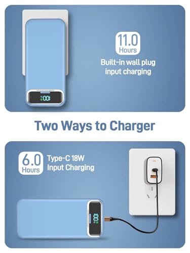 Nusyddy Portable Charger 20000mAh Fast Charging w/Built-in Wall Plug Blue - color: Azure
