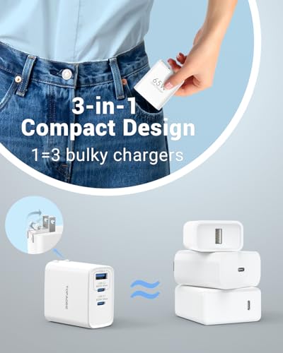 TOPADRE 65W USB C Charger Block,PD PPS 3 Ports GaN Charger Foldable Compact - color: White, size: 65W, style: 1-pack