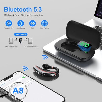Bluetooth headset,Bluetooth earpiece 500mAh Charging Case 72H of talk time, Bluetooth Headset with Noise Canceling Mic Voice Control Lightweight Sweat-Resistant Design For iphone Work Driver Office - color: Red