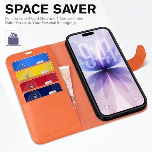TUCCH Wallet Case for iPhone 17 (6.3") 2025, 4 Card Slots, Orange | RFID Blocking, Viewing Stand, Shockproof TPU Shell, PU Leather, Magnetic Closure, Protective Folio Flip Cover - color: Orange