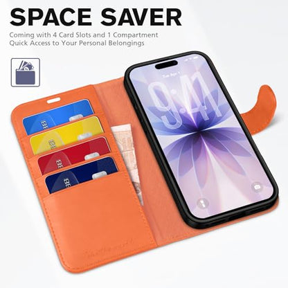 TUCCH Wallet Case for iPhone 17 (6.3") 2025, 4 Card Slots, Orange | RFID Blocking, Viewing Stand, Shockproof TPU Shell, PU Leather, Magnetic Closure, Protective Folio Flip Cover - color: Orange