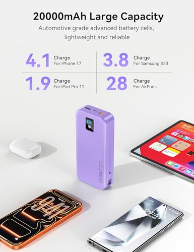 Portable Charger 20000mAh 22.5W w/Built-in Cable & Wall Plug Purple - color: Violet
