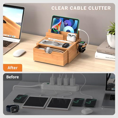 Pezin & Hulin Bamboo Charging Station with Power Charger & Cables-Black - color: #1 Bamboo (With Charger)