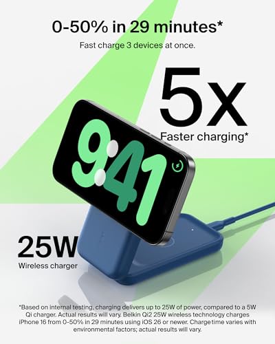 Belkin Qi2.2 25W Wireless 3 in 1 Foldable Fast Charging Station for iPhone - color: Blue