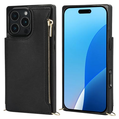 Bocasal Crossbody Wallet Case with Strap for iPhone 16 Pro Max, Black | RFID Blocking Card Slot Holder, Magnetic Flip Folio Purse Case, PU Leather Zipper Handbag Detachable Lanyard Strap 6.9 Inch - color: Black