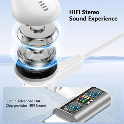 90° Angled USB C Headphones for iPhone Duo 18 17 16 15 Pro Max Wired Earbud - color: White