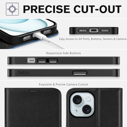 TUCCH Wallet Case for iPhone 15 (6.1"), 4 Card Holders, Black & Light Blue | RFID Blocking, Viewing Stand, Shockproof TPU Shell, PU Leather, Magnetic Closure, Protective Folio Flip Cover - color: Black & Light Blue