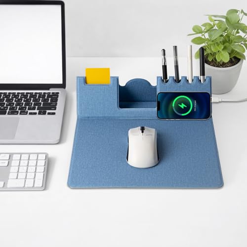 Mouse Pad with Phone Holder & Pen Holders, Wireless Charging Desk Mat, Mousepad Home Office Desk Pad with Ultra-Smooth Surface, Non-Slip Base, Waterproof Keyboard Pad, Classic Blue Desk Mat - color: Blue