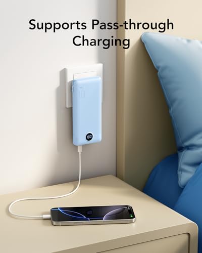 VRURC Portable Charger AC Plug and Built-in-Cables 10000mAh Fast Charging - color: Blue