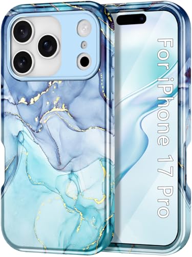 Btscase Compatible with iPhone 17 Pro Case 6.3 Inch 2025,Marble Pattern 3 in 1 Heavy Duty Shockproof Full Body Rugged Hard PC+Soft Silicone Drop Protective Women Girl Phone Cases, Blue Cyan - color: Blue Cyan, size: iPhone 17 Pro