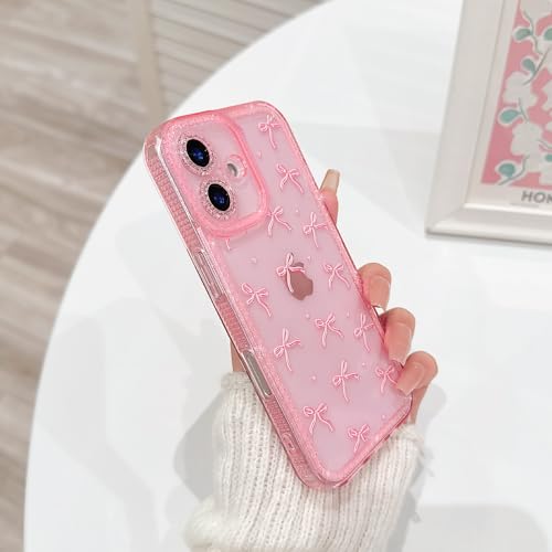 NITITOP Compatible with iPhone 16 Plus Case Cute Clear Pink Glitter Bow Knot Design Shiny Star Sparkle Bling Diamond Girls Women Soft TPU Shockproof Protective Phone Cover - Large Bow Heart - color: Large Bow Heart, size: iPhone 16 Plus