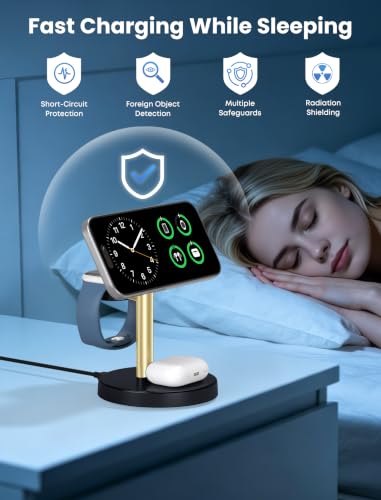 Aeinidi 3 in 1 Fast Wireless Charging Station for Apple MagSafe Charger - color: Gold Black, size: 15W