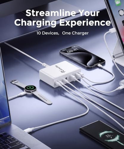 USB C Charging Station 10 Port with 4 Cables,245W GaN Charger Block - color: White