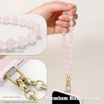 SURPHY Natural Stone Phone Charm, Beaded Phone Wrist Strap with Tether Tab - color: Rose Quartz