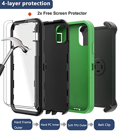 for iPhone 11 Case with Belt Clip Holster, 2 x Screen Protector, [Military Grade] Heavy Duty Full Body Shockproof Dust-Proof Drop Proof Rugged Protective Cover for Apple iPhone 11 (Green Black B) - color: Green B