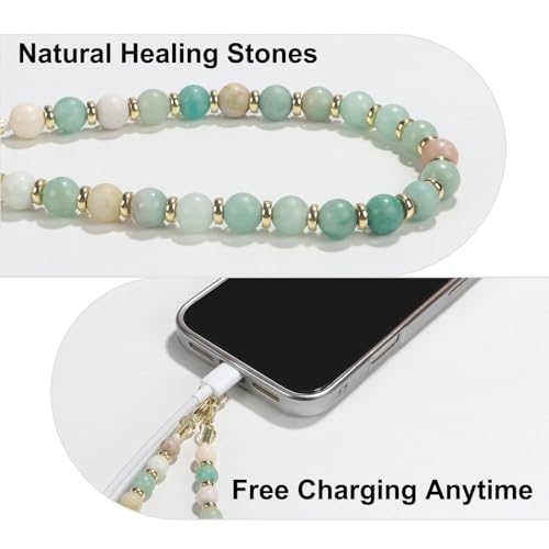 TEAMOLA Natural Stone Phone Charm - Crystal Phone Beaded Wrist Strap - color: Green & Blue