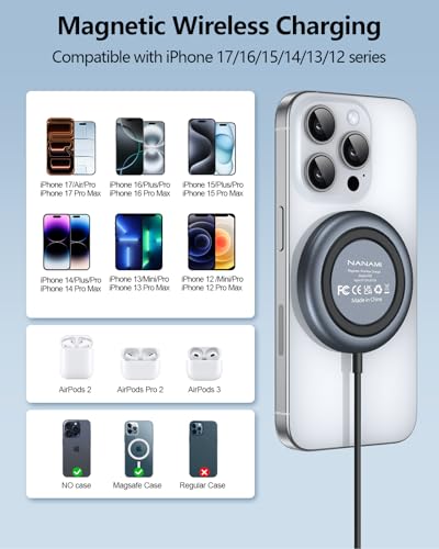 NANAMI Magnetic Fast Wireless Charger Pad with 20W PD Adapter,for MagSafe iPhone 17/16/15/14/13/12 Series & AirPods 3/2/Pro 2,Non-Slip Base & Strong Magnetic Alignment for Desk and Office Use(Black) - color: Classic Black