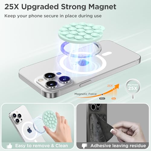 Magnetic Suction Cup Phone Mount, Compatible with MagSafe, Silicone Octo Cup Buddy Sticky Grip Holder for iPhone and Android, Removable Hands-Free Selfie/Video for TikTok, Mint Green - color: Mint Green