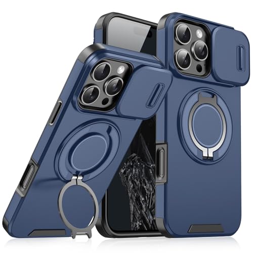 Rugged Shockproof Case for iPhone 17 Pro Max, Heavy Duty Protective Phone Case with Slide Camera Cover, 360° Rotatable Ring Stand & Magnetic Car Mount Compatible (Blue,iPhone 17 Pro Max) - color: Blue