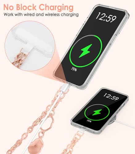 MoKo Universal Phone Lanyard, Metal Cell Phone Chain Crossbody Strap Anti-Theft Detachable Women Cellphone Lanyards Around The Neck with Patches for iPhone, Most Smartphones, Rose Gold - color: Rose Gold