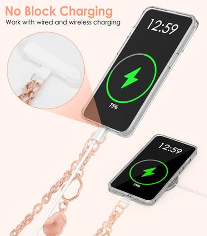 MoKo Universal Phone Lanyard, Metal Cell Phone Chain Crossbody Strap Anti-Theft Detachable Women Cellphone Lanyards Around The Neck with Patches for iPhone, Most Smartphones, Rose Gold - color: Rose Gold