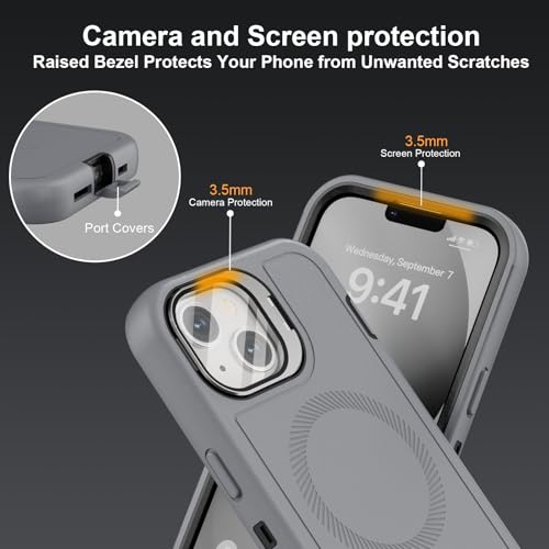 Follaroma for iPhone 13 Case with Stand & Built-in Camera Cover, MagSafe Compatible, Heavy-Duty Shockproof Protection, Magnetic & Rugged Phone Cover for iPhone 13 6.1'', Grey - color: Grey