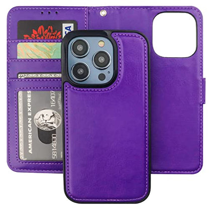 Bocasal Detachable Wallet Case Card Holder for iPhone 14 Pro, Purple | RFID Blocking Kickstand Card Slots Holder PU Leather Magnetic Shockproof Wrist Strap Removable Flip Protective Cover 6.1 inch - color: Purple