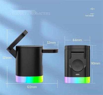 Wireless Charger 3 in 1 Wireless Charging Station QC3.0 15W Cube Charger Smart Watch Earbuds for iPhone Mobile Phone (White)