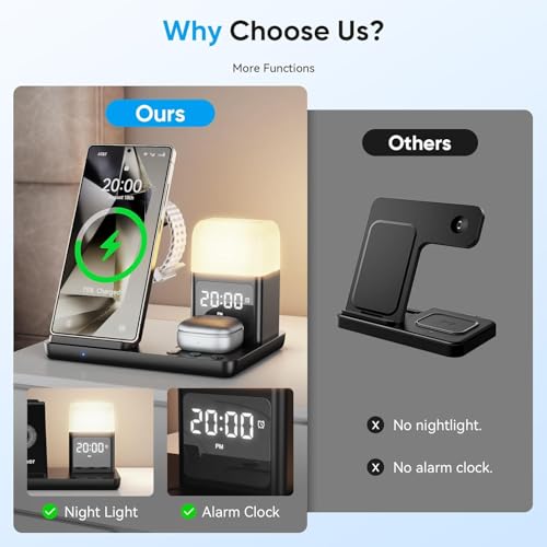 6 in 1 Wireless Charging Station for Samsung Android with Clock & Night Light,Wireless Charger Beside Clock for Galaxy S26 Ultra S25 S24,Galaxy Watch 8/7 Buds 4/3 Pro,Not for Watch 9/Ultra 2 - color: Black