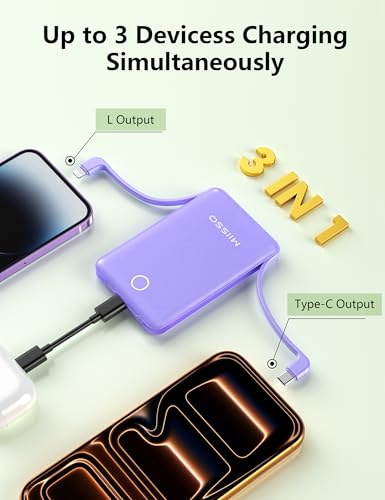 miisso 10000mAh Mini Portable Charger with Built in Cable, Purple - color: Purple