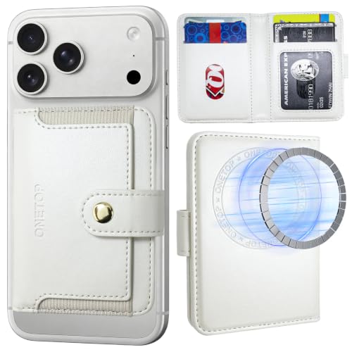 ONETOP for MagSafe Wallet,Magnetic Phone Wallet with 5 Card Slots,White | 1-12 Cards/Cash Holder for iPhone 17/16/15/14/13/12 Series,Detachable Wallet Stick-On Back,PU Leather RFID Blocking Kickstand - color: White