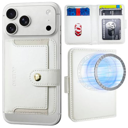 ONETOP for MagSafe Wallet,Magnetic Phone Wallet with 5 Card Slots,White | 1-12 Cards/Cash Holder for iPhone 17/16/15/14/13/12 Series,Detachable Wallet Stick-On Back,PU Leather RFID Blocking Kickstand - color: White