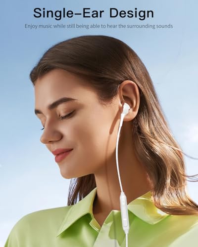 Single Side Earphone , In Ear One Ear Earphone with Mic and in-line Control,For Both Left and Right Ears, 3.5mm Plug Compatible with iPods, iPad, Portable Players, Tablets, MP3 Players, Radios (White)