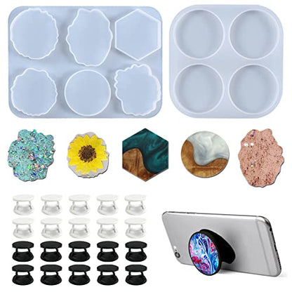 2 Pcs Phone Grip Resin Mold with 20 Pcs Blank Phone Socket Holders, Phone Grip Holder, Phone Finger Expanding Stand Holder, MaehSab On Top Phone Grip Silicone Resin Molds for Epoxy Casting Resin