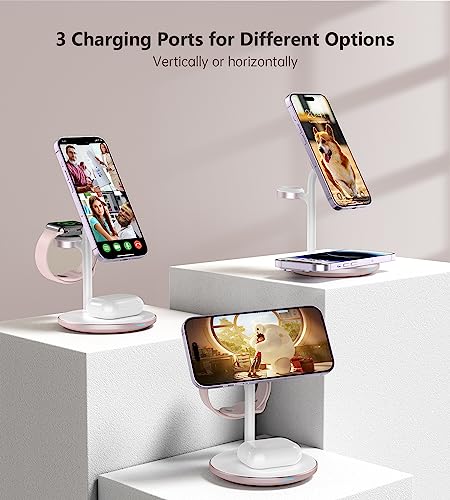 3 in 1 Magnetic Wireless Charging Station for Apple Devices,15W for Magsafe - color: Pink