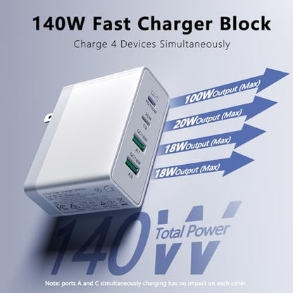 sccvee USB C Charger 140W GaN, 100W Laptop Power Adapter Fast Charger Block, 4-Port Charging Station USB C Power Adapte Compatible with MacBook Pro/Air/iPad Pro/iPhone 15/16/Galaxy S23/S24/Dell - color: 140W 4 port