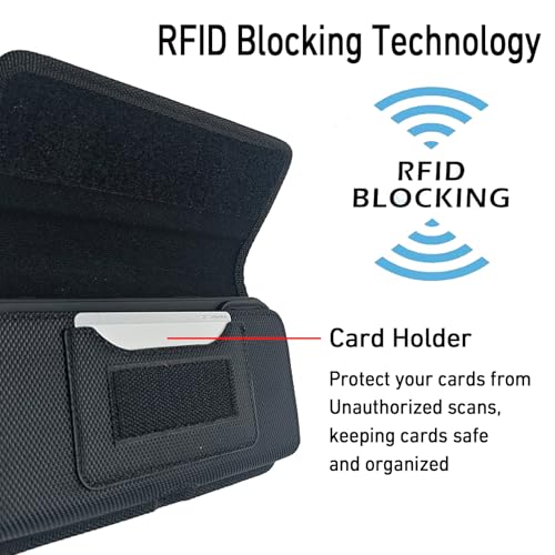 DpS Cell Phone Holster for iPhone 16/15/14/13/12 Pro Max & Plus,Galaxy S24/23/22 +Plus&FE,with RFID,with Belt Clip, Rugged Nylon Carrying Pouch w Card Holder,(Fits Otterbox Cover on),Black (Large) - size: Large