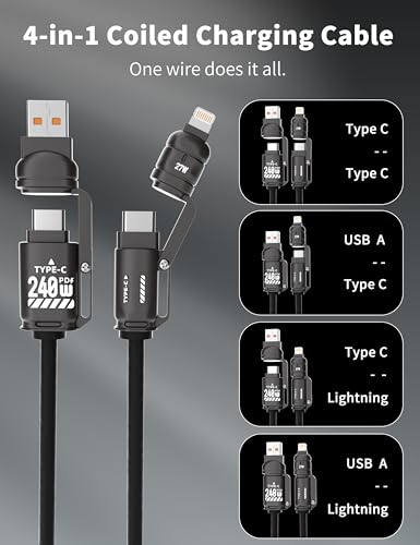 BELAROI 240W MFi Certified 2m 4-in-1 Retractable Coiled Charging Cable