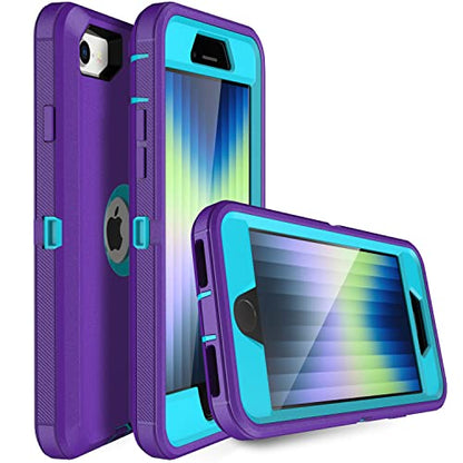 MXX Case Designed for iPhone SE Case 2020/2022 Heavy Duty Protective with Screen Protector [3 Layers] Rugged Rubber Protection Cover & Rotating 360 Degree Belt Clip SE 3rd/2nd Gen(Purple/Light Blue) - color: Purple/Light Blue
