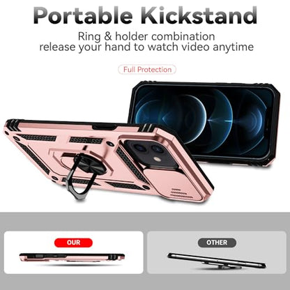 for iPhone 12 Mini Case with Camera Lens Cover Screen Protector, Dual Layer Military Grade Drop Protection Magnetic Ring Holder Kickstand Protective Phone Case for iPhone 12 Mini 5.4 inch (Rose Gold) - color: Rose Gold with camera cover Military-Grade 2nd